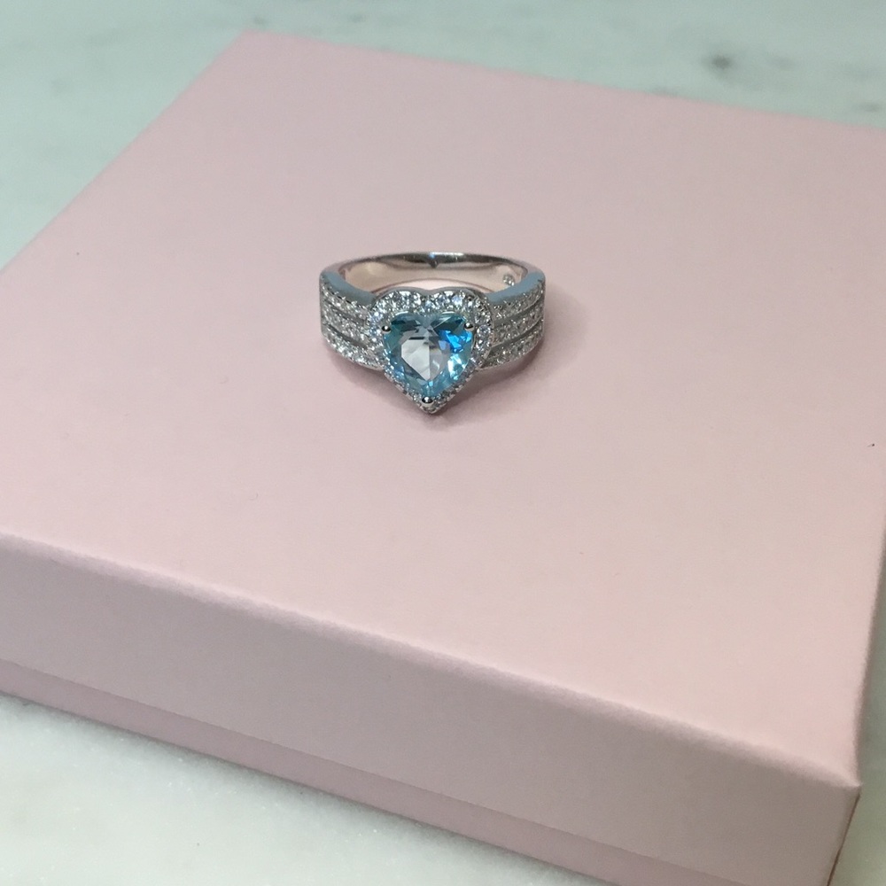 .925 Sterling Silver Aquamarine CZ Heart Ring - Picture 2 of 16